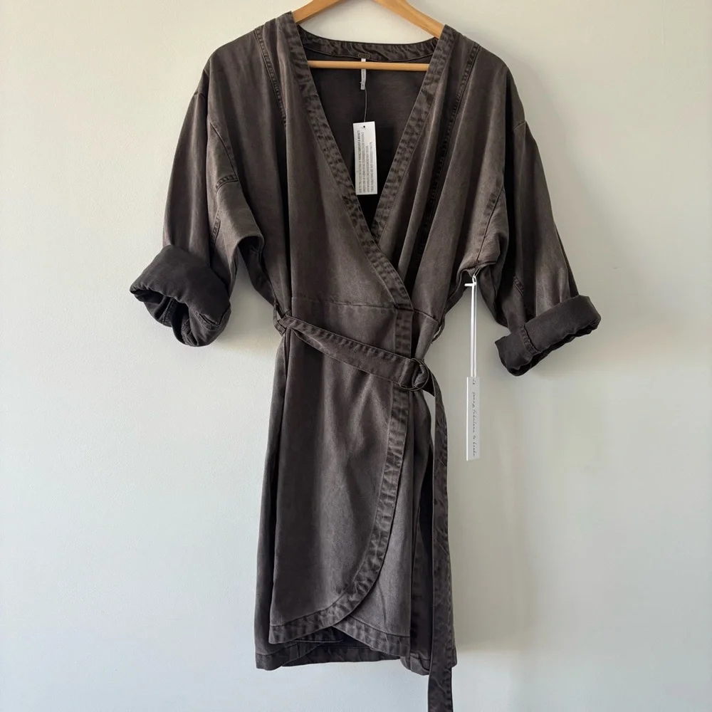 NWT YFB Zeplin Long Sleeve Mini Dress Wrap Belted Dark Gray Tencel Blend Size M - Picture 2 of 7